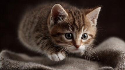 Playful tabby kitten jumps on soft, beige blanket