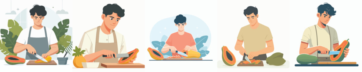 vector of young man cutting papaya