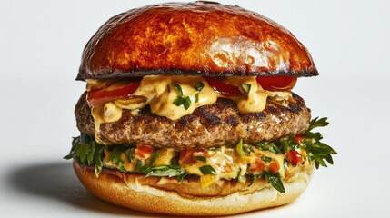 Artful drizzle of sauce atop a loaded burger against a minimalist white background