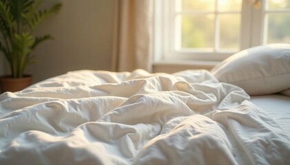 Linen bedding, rumpled, sunlit Soft, natural light , crumpled, comfort, relaxed