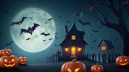 Fototapeta premium Halloween pumpkin, bats,scary house background