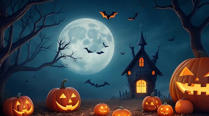 Fototapeta premium Halloween pumpkin, bats,scary house background