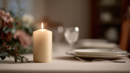beautifully lit candle placed elegantly on festive dining table surrounded by holiday decorations and soft warm