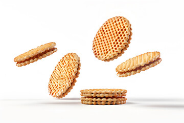 Delicious wafer cookies with creamy filling in the air.