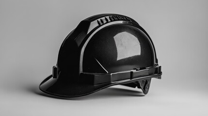 Fototapeta premium Black engineer safety helmet with subtle textured detail shown against plain white