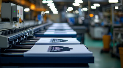 Modern printing machine with t-shirt at printshop