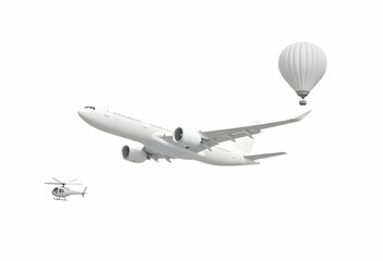 Fototapeta premium Minimalist flat illustration of air transportation including airplane, helicopter, hot air balloon, and drone, isolated on white background, simple modern vector style, smooth lines, pastel color tone