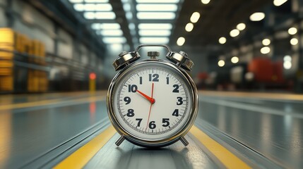 Circular stopwatch on a production floor representing precise cycle time tracking in manufacturing