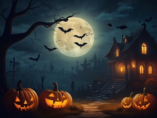 Halloween pumpkin, bats,scary house background
