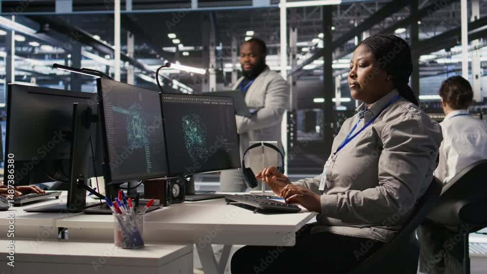 Poster woman in data center doing software updates, verifying machine learning parameters. server farm it e