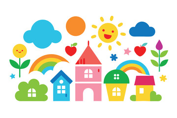 Fototapeta premium Happy yellow sun shines above colorful houses, rainbows, clouds and flowers creating a joyful scene