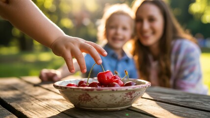 National Cherry Day Child reaching for cherries with a woman and child smiling in the background, enjoying a sunny day outdoors.