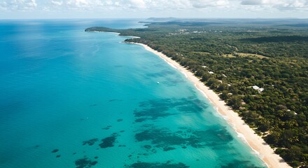 Fototapeta premium Aerial View of Pristine Tropical Beach with Turquoise Waters and Lush Green Forest