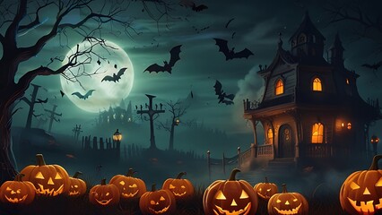 Fototapeta premium Halloween pumpkin, bats,scary house background