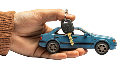 Hand holding a toy car, a miniature vehicle, on a PNG  white background suggests auto or...
