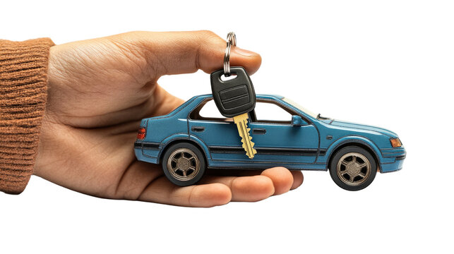 Hand holding a toy car, a miniature vehicle, on a PNG  white background suggests auto or transportation business . - Powered by Adobe