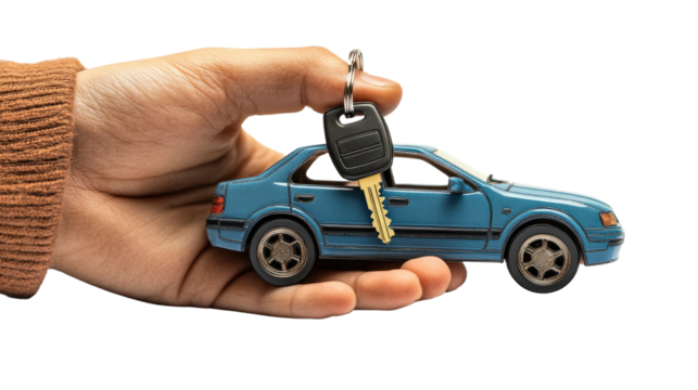 Hand holding a toy car, a miniature vehicle, on a PNG  white background suggests auto or transportation business .