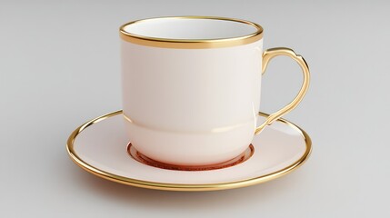 Elegant saucer with coffee cup centered perfectly on a bright white surface