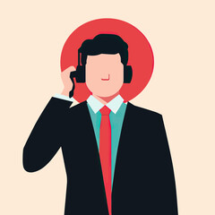 Business man wearing headset in call center support communication concept flat minimalist vector illustration with red circle background and formal suit