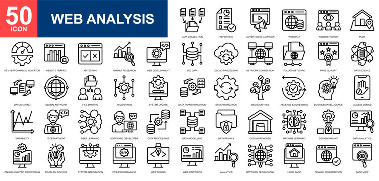Web Analysis icon set collection. Web development, web management, web research, digital service, cloud computing icon. Simple line vector.