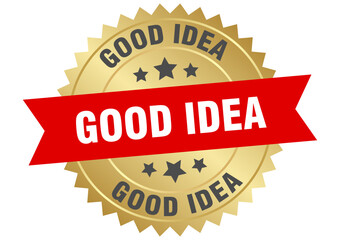 good idea. good idea round red and gold label isolated on transparent background