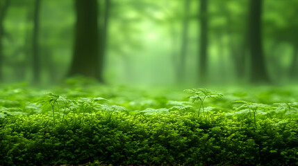 Fototapeta premium Lush green forest floor with vibrant moss and young ferns, creating a tranquil and serene natural scene.