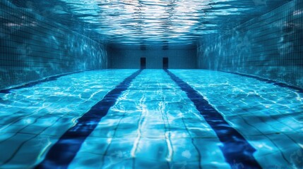 Obraz premium An empty swimming pool with blue tiles and a blue water surface, with two black doors at the end of the pool.