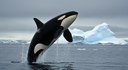 Obraz premium Majestic Orca Whale Leaping in Antarctic Waters, a Breathtaking Display of Power and Grace