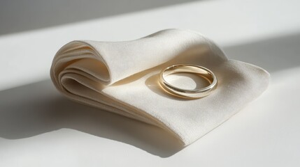 High-end jewelry cleaning cloth folded next to polished gold ring on white