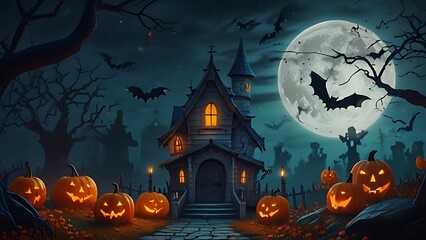 Fototapeta premium Halloween pumpkin, bats,scary house background