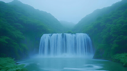 Fototapeta premium Serene waterfall cascading down lush green cliffs in a misty atmosphere, creating a tranquil and picturesque scene.