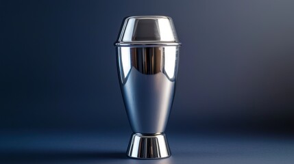 A metallic silver cup with a lid, placed on a dark blue background.