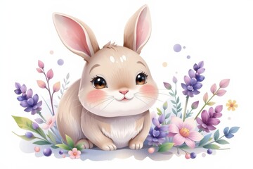 cheery cartoon watercolor clipart illustration of a cute bunny in soft lavender tones, positioned at the top with white background, ample copy space at the bottom for text.