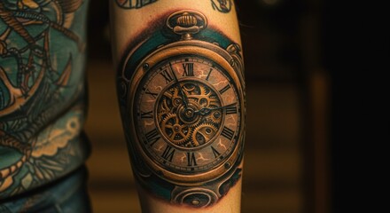 Obraz premium Intricate Pocket Watch Tattoo: A Masterpiece of Realistic Ink