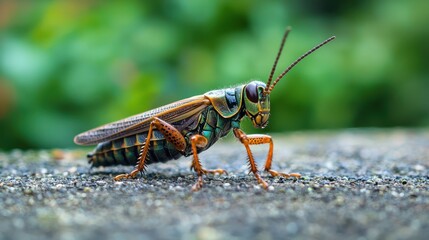 Fototapeta premium A grasshopper with vibrant green and blue wings perched on a stone surface with a blurred green background.