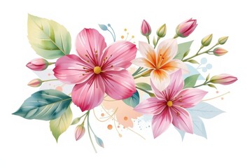 Obraz premium watercolor clipart illustration of a delicate flower bouquet placed at the top of the image with a white background, clear daylight illuminates the subject beautifully