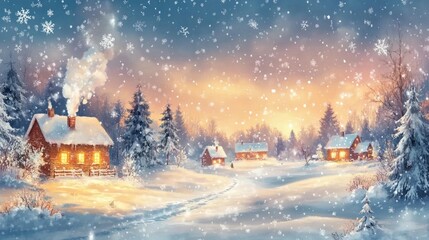Snowy winter village scene at sunrise with cozy cabins. Falling snowflakes, warm light, and snow-covered trees