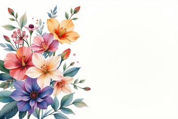 watercolor clipart illustration of a floral bouquet on the left side, with a white background, ample copy space on the right under noon sunlight.