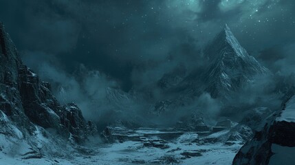 Misty mountain range under a starry night sky.