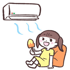 クーラーの部屋で涼む女の子のイラスト