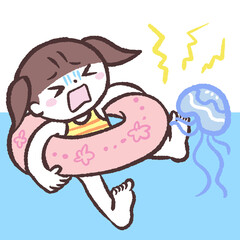 海でクラゲの指される女の子のイラスト