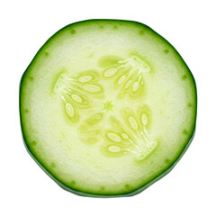 Top view of fresh cucumber slices and full cucumber isolated on transparent background, ideal for recipe cards, kitchen apps, or nutrition blogs.