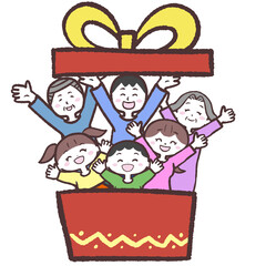 箱から笑顔で飛び出す家族のイラスト