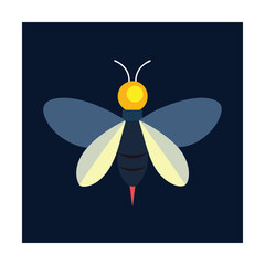 Flat design illustration of a cartoon firefly with lightbulb head and detailed wings against dark background