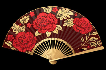 Create a vector design of an elegant hand fan featuring a bold, intricate floral pattern.  The design should be sophisticated and visually appealing.