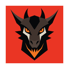 Fierce cartoon dragon head illustration against a vivid red background with sharp geometric details