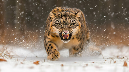 Obraz premium Majestic snow leopard charging through a blizzard, teeth bared in a powerful display of wild beauty.