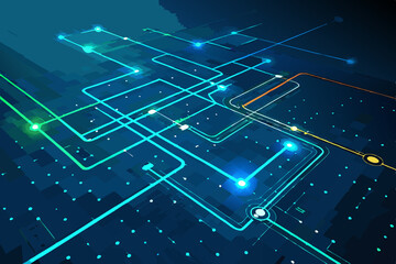 Design a futuristic energy grid vector illustration featuring vibrant neon lines, nodes, and connecting pathways, showcasing advanced power distribution.