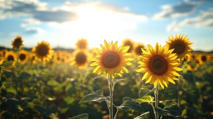 Fototapeta premium Golden Hour Sunflowers: A Serene Sunset Field