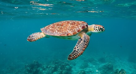 Fototapeta premium Majestic Sea Turtle Gracefully Navigating Vibrant Coral Reefs